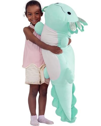 39 Inch Mint Axolotl Plush Cuddle Buddy (1/10) Giant mint axolotl plush, 39 inches, on a bed — Image 1 of 10