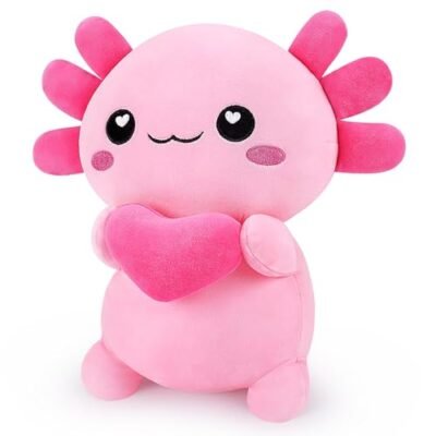 Pink Axolotl Plush Holding a Heart, 14 inches (1/10) Pink 14 inch axolotl plush hugging a pink heart — Image 1 of 10