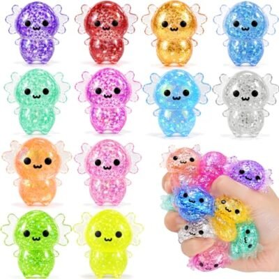 12PCS Glitter Axolotl Squishy Fidget Toy Set (1/10) 12 colorful glitter axolotl squishy fidget toys in a bulk set — Image 1 of 10