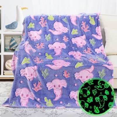 Glow in the Dark Axolotl Blanket for Girls (1/11) Glow in the dark axolotl blanket for girls, 50x60 plush — Image 1 of 11